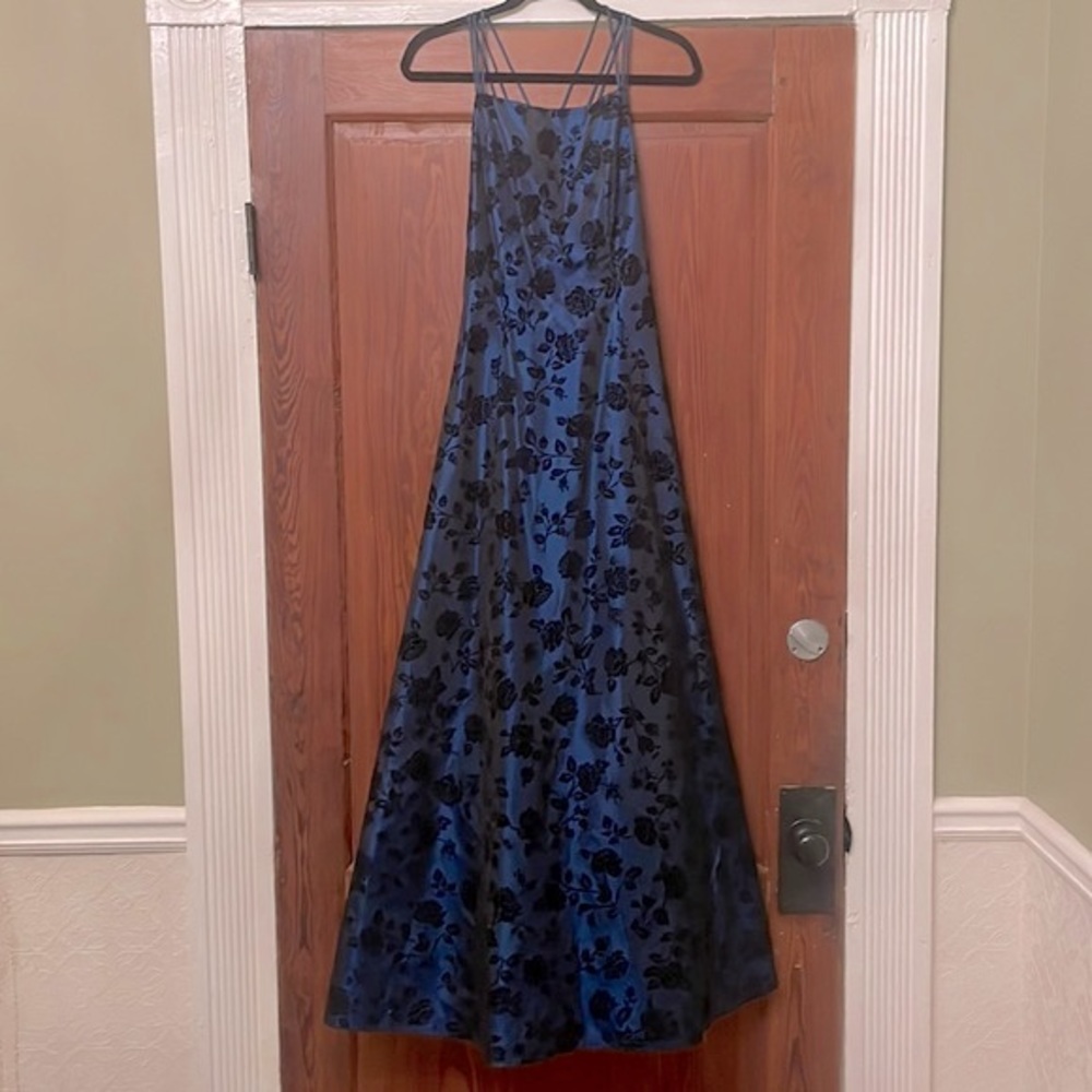 Betsy & Adam Black and Navy Blue Floral Gown